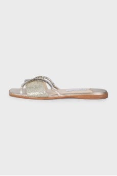 Gold leather flip-flops decorated with crystals