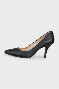 Black leather shoes with stacked heels