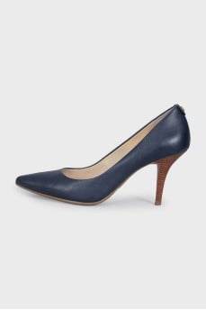 Blue leather shoes with stacked heels