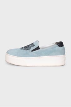 Blue suede logo slip-ons