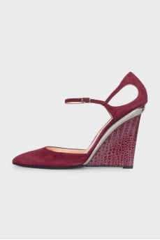 Suede wedge sandals with silver insert