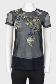 Mesh floral applique t-shirt