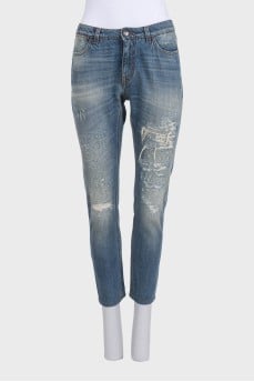 Рваные джинсы straight fit синего цвета