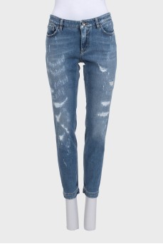 Рваные джинсы slim fit синего цвета на средней посадке