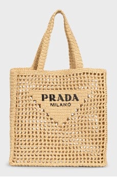 Woven raffia shopper with logo