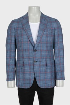 Men's blue single-breasted blazer with a checkered print