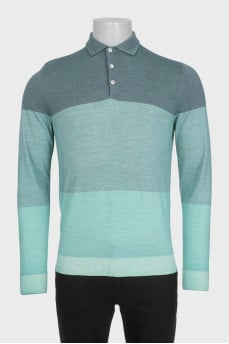 Men's green striped long sleeve polo shirt