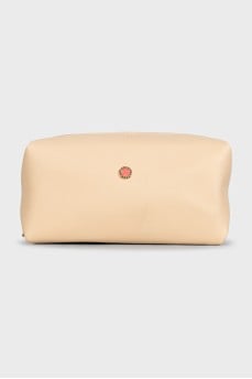 Beige leather cosmetic bag with logo
