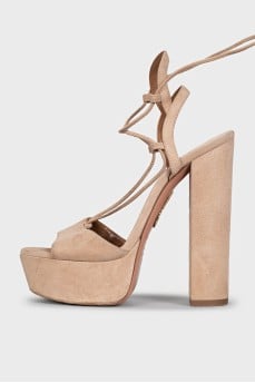 Beige suede lace-up sandals