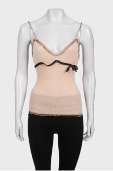 Embellished beige cashmere and silk tank top