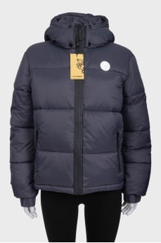 Gray down jacket with a hood and tag