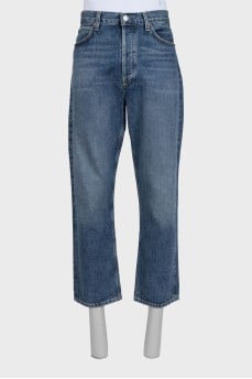 Men's blue straight-leg jeans with buttons
