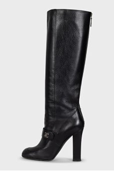 Black leather boots with logo