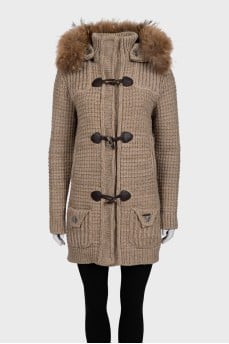 Knitted beige coat with a hood