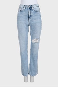 Ripped blue high-waist straight jeans