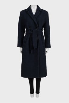 Dark blue double-breasted coat with a belt
