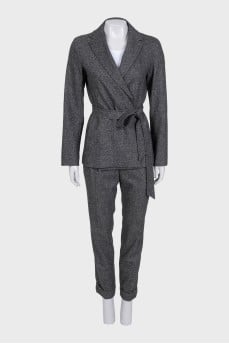 Gray suit of trousers and jacket with wraparound