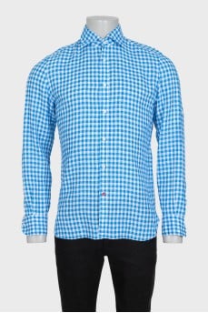 Men's blue checkered linen shirt