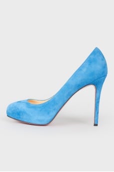 Blue suede stilettos with tag