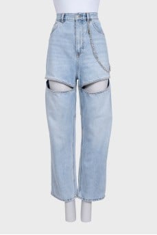 Light blue wide-leg jeans with slits and decoration