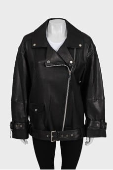 Black leather jacket with tag