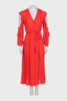 Red wrap maxi dress with ruffles