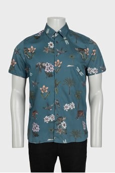 Men's blue short-sleeve printed shirt