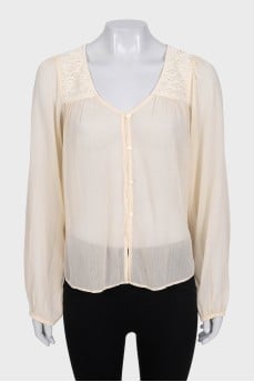 Beige loose blouse with lace insert