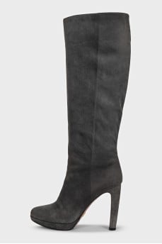 Gray suede high-heeled boots