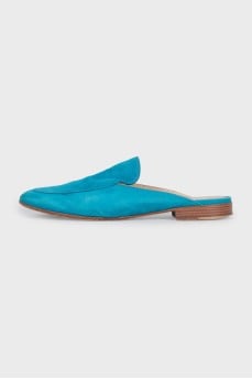 Light blue suede mules with low heels