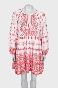 White mini dress with red embroidery and long sleeves