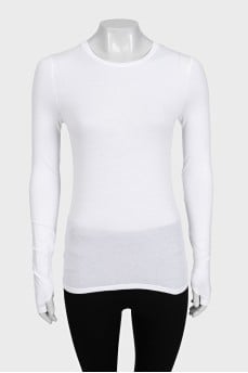White long sleeve top with thumb holes