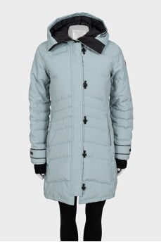 Blue parka with a hood