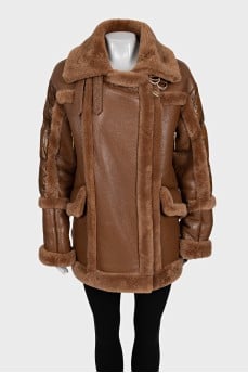 Brown sheepskin coat with fur inserts