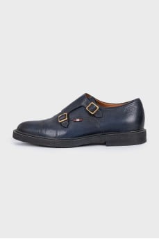 Men's dark blue leather shoes with gold hardware