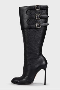 High leather boots with stiletto heels and a zipper