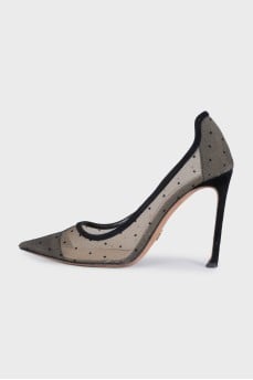 Black mesh shoes with suede heels