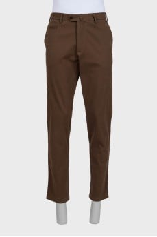 Men's brown straight-leg trousers with a zipper and buttons