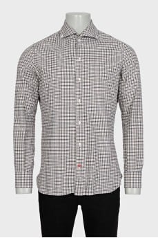 Men's white shirt with a taupe check pattern