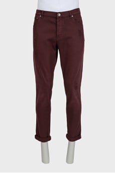 Men's burgundy ripped skinny fit jeans