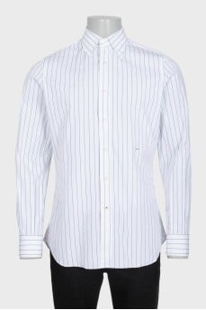 Men's white fitted shirt with green stripes