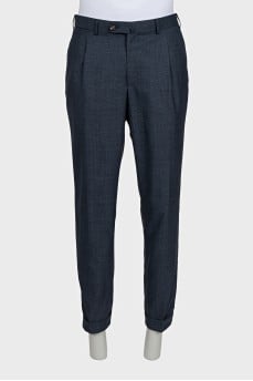 Men's blue wool trousers with a small check pattern