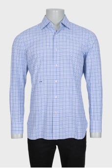 Men's blue and navy checkered long sleeve shirt
