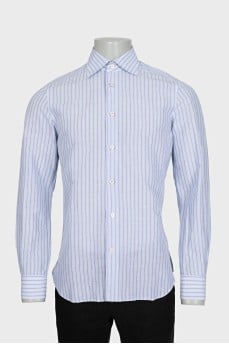 Men's blue shirt with white and purple stripes