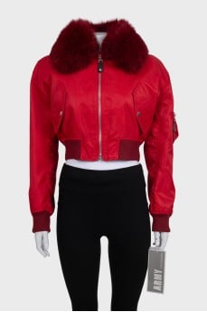 Red fur bomber jacket with tag