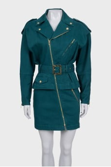 Green denim dress with a gold zipper