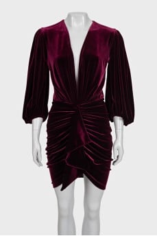 Burgundy velvet dress with puff sleeves and tag