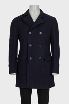 Men's blue double-breasted coat with tag