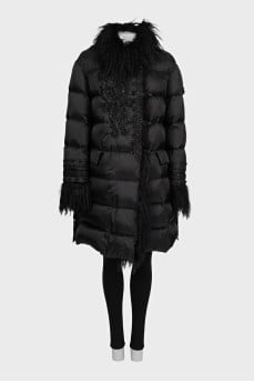 Black quilted down jacket with fur cuffs