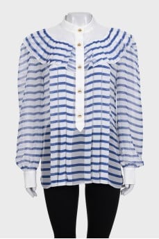 White transparent blouse with blue stripes and ruffles